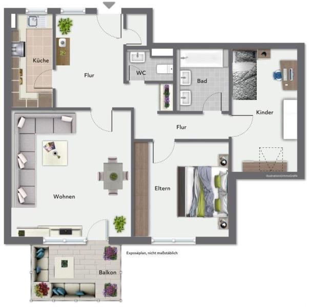 Nutzen Sie diese tolle Chance! 3,5 Zimmer-Wohnung mit sonnigen Süd-Balkon! - Grundriss (44840)