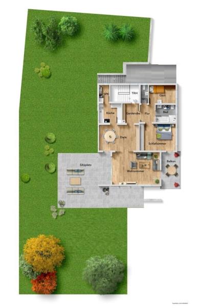 Freistehendes Einfamilienhaus mit ELW – 1.165 m² Grundstück und freie Aussicht - Grundriss Gartengeschoss (52223)