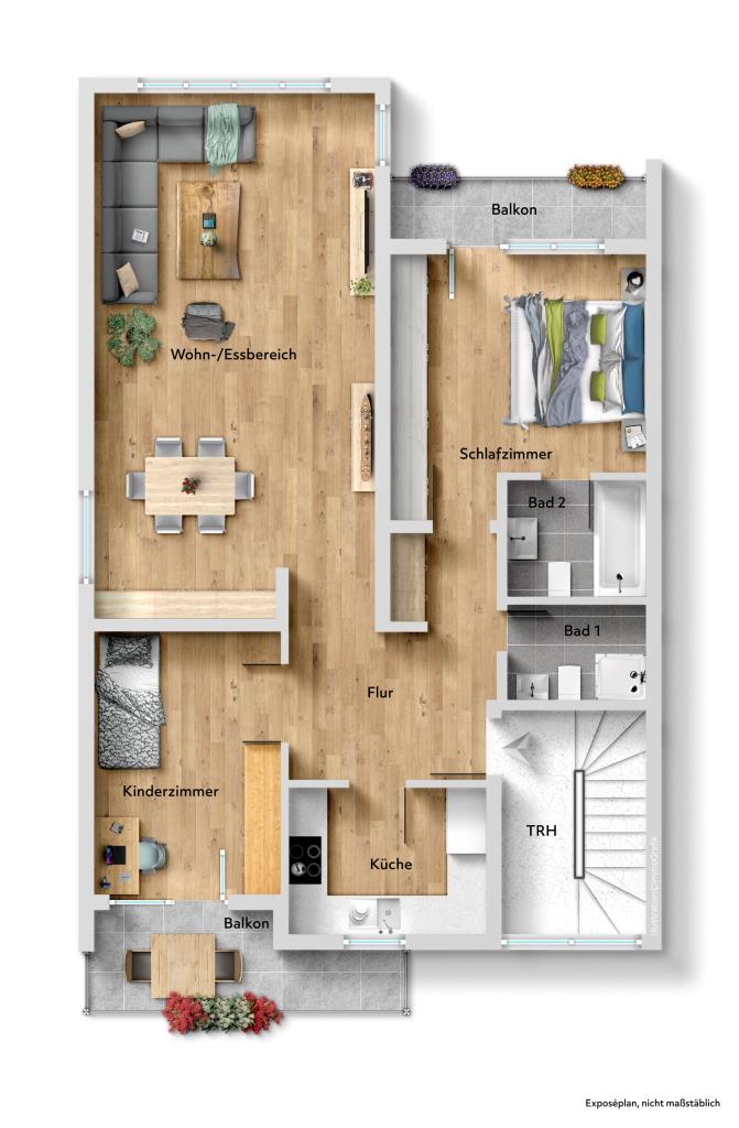 Idealer Wohntraum! Großzügige 3 Zimmer-Wohnung mit 2. Balkone! - Grundriss (40855)