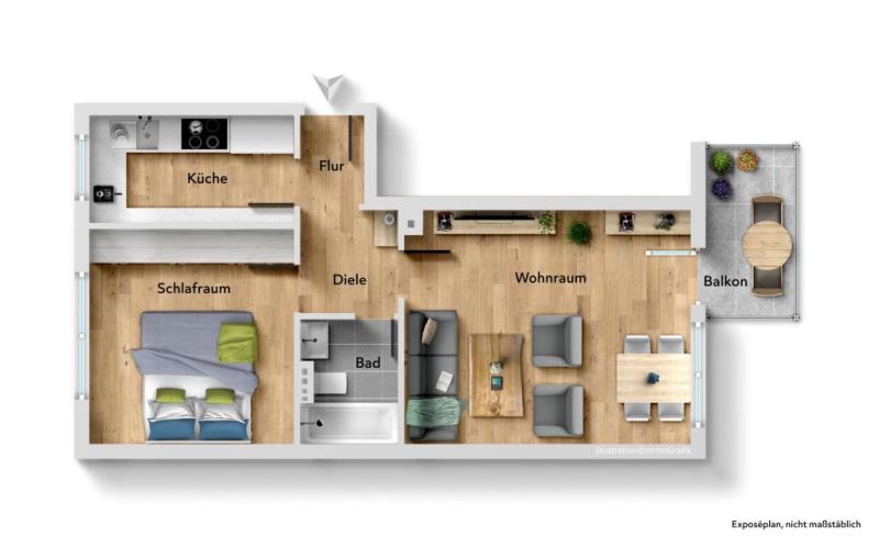 Einziehen & Wohlfühlen! Sofort beziehbare gemütliche 2 Zimmer-Wohnung mit Balkon! - Grundriss (54515)