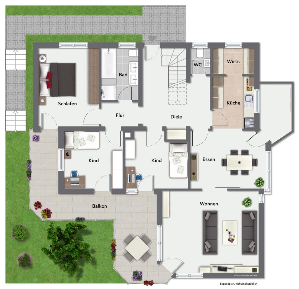 Zentrumnahes Wohnen! Attraktives Zweifamilienhaus mit großartigem Garten! - Obergeschoss (42425)