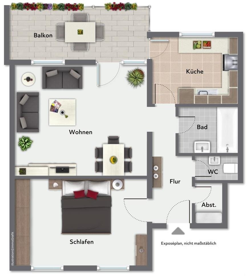 Heute erwerben, später beziehen! Attraktive 2 Zimmer-Wohnung mit Balkon! - Grundriss (36952)