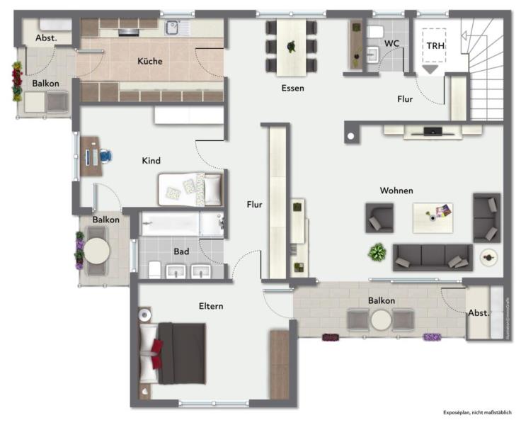 Sofort beziehbar! Attraktive 3,5 Zimmer-Wohnung mit 3. sonnigen Balkone! - Grundriss (45812)