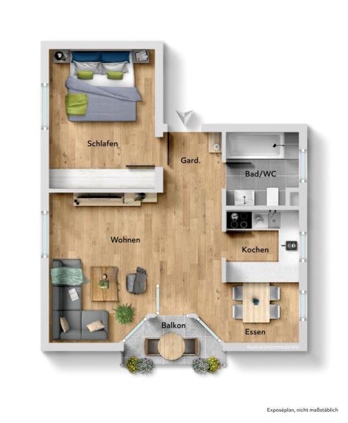 Interessantes Angebot! Vermietete 2 Zimmer-Wohnung mit Süd-Balkon! - Grundriss (51332)