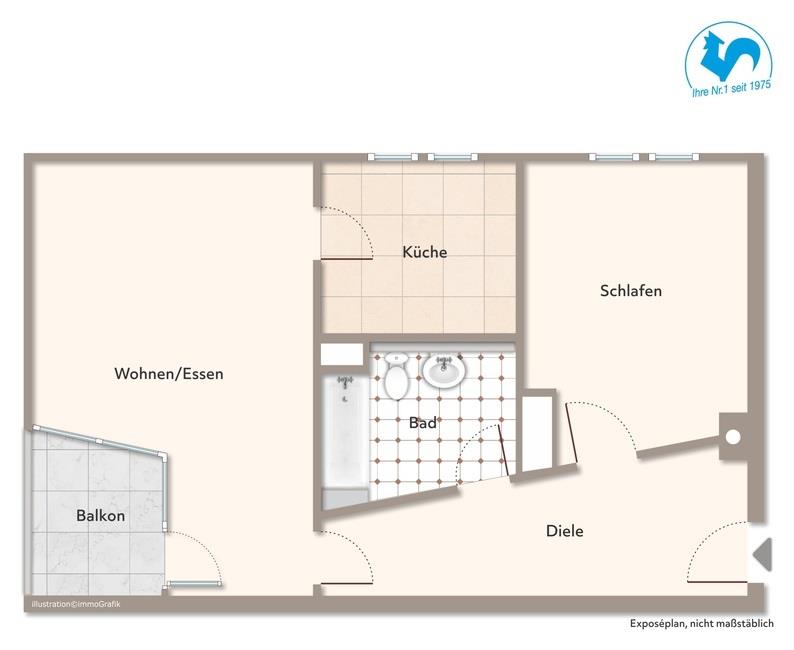 Großzügige 2-Zimmer Wohnung mit Balkon und Einbauküche! - Grundriss Visualisiert (41077)