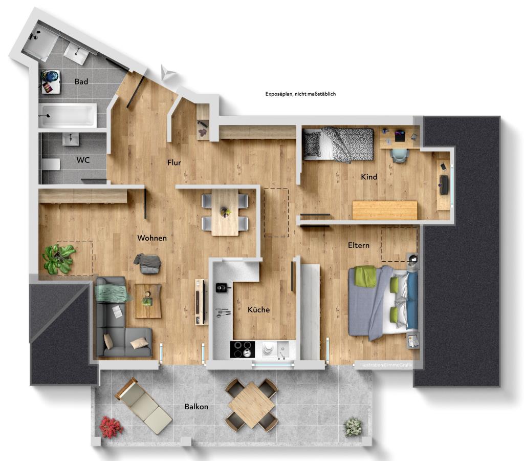 Interessante Fernsicht! Attraktive 3,5 Zimmer-Wohnung mit Balkon! - Grundriss (42872)