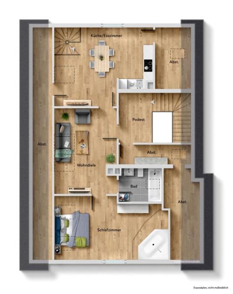 Außergewöhnlich wohnen auf zwei Ebenen – mit Balkon und Garten - Grundriss Ebene 2 (52695)