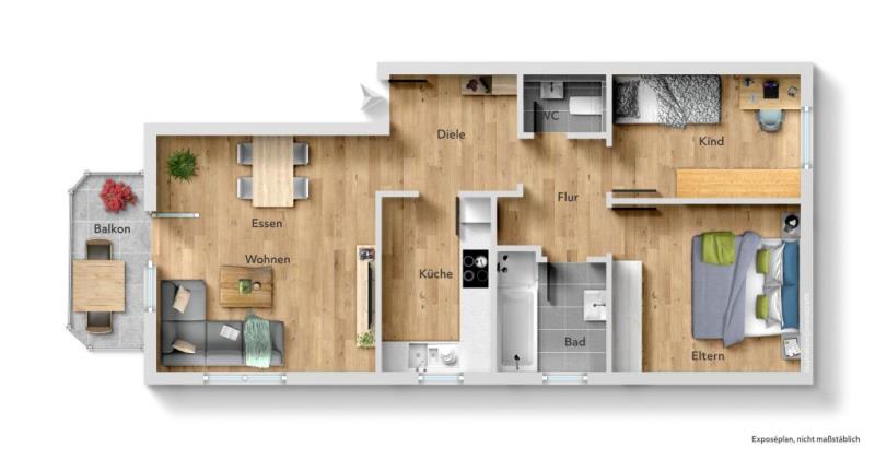 Zugreifen lohnt sich! Interessante 3 Zimmer-Wohnung mit sonnigen Balkon! - Grundriss (44596)