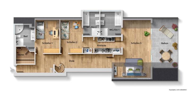 Extravaganter Wohntraum! Luxuriöse 5,5 Zimmer-Maisonette für gehobene Ansprüche! - Grundriss Wohnebene 2 (50391)