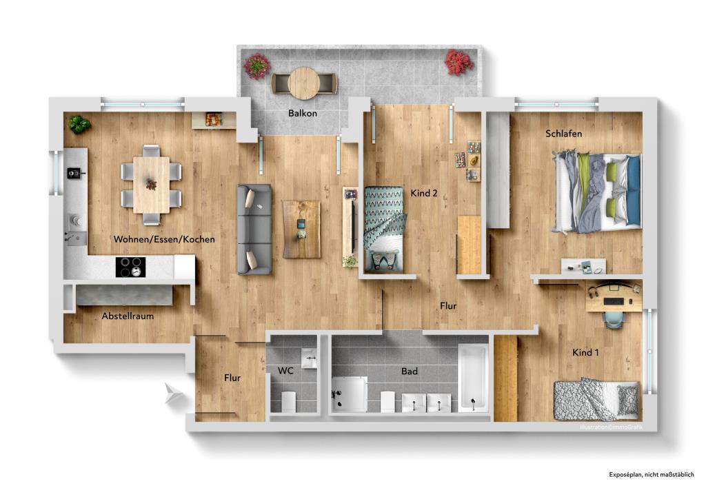 Neubau für Familien! 4 Zimmer-Wohnung mit Balkon in attraktiver Wohnlage! - Grundriss (40652)