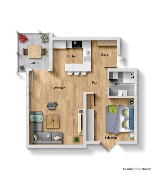 Wohnung mit Potenzial! Ideale 2 Zimmer Wohnung mit Balkon & Einzelgarage! - Grundriss (52712)