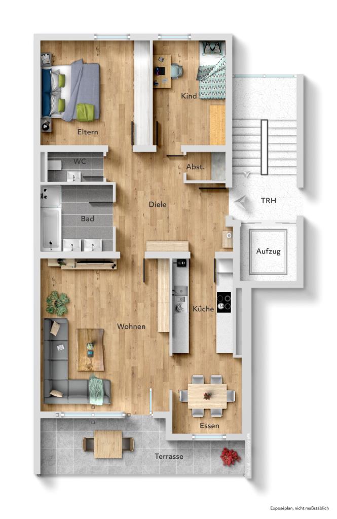 Ideale Gelegenheit! Attraktive 3 Zimmer-Wohnung mit sonniger Terrasse! - Grundriss (42864)