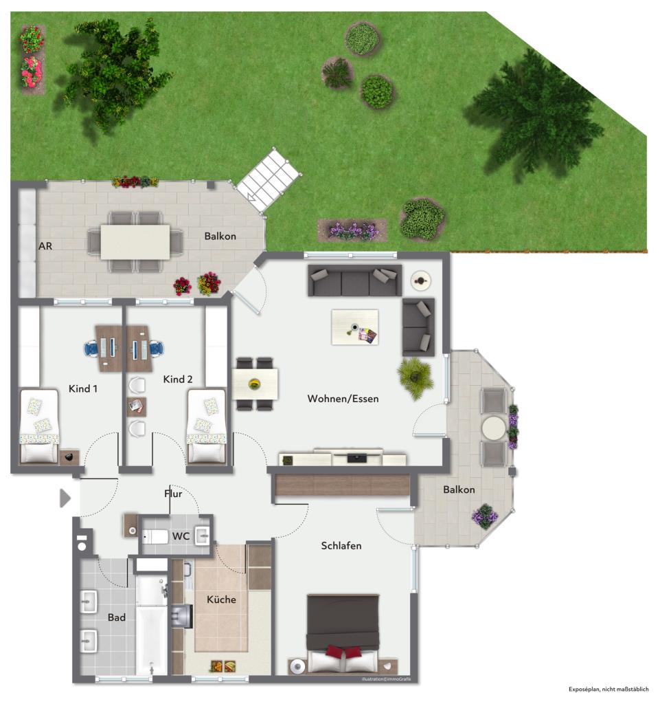 Ideal für die junge Familie! Attraktive 4 Zimmer-Wohnung mit 2. Balkone & Garten! - Grundriss (36680)