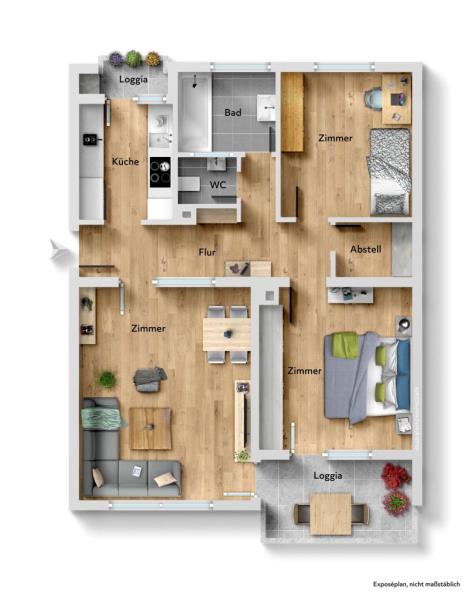 Einziehen & Wohlfühlen! Attraktive 3 Zimmer-Wohnung mit 2. Balkone in Fellbach! - Grundriss (45391)