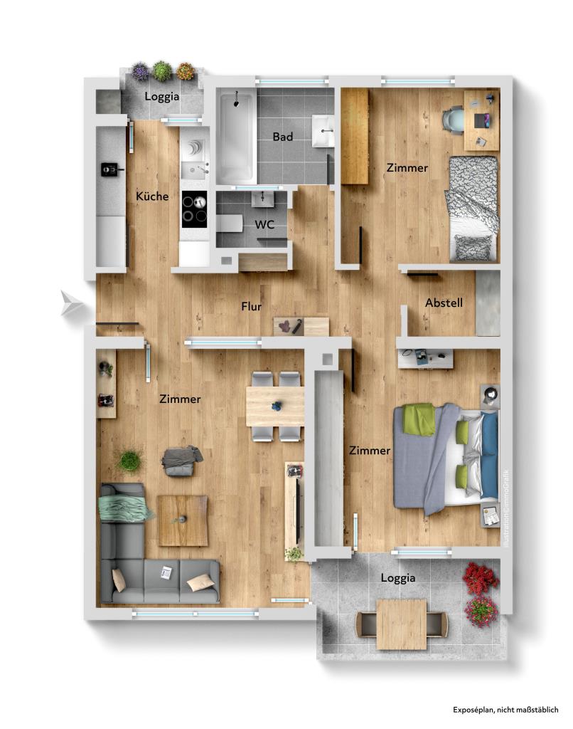Einziehen & Wohlfühlen! Attraktive 3 Zimmer-Wohnung mit 2. Balkone in Fellbach! - Grundriss (43984)