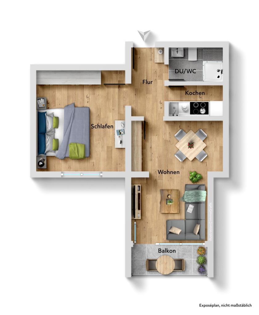 Ideale Gelegenheit! Interessante 2 Zimmer-Wohnung mit Balkon & Stellplatz! - Grundriss (42686)