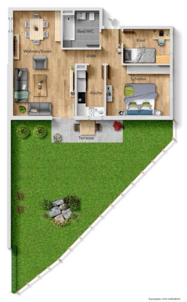 Gartentraum! Attraktive 3 Zimmer EG Wohnung mit PKW Stellplatz! - Grundriss (50128)