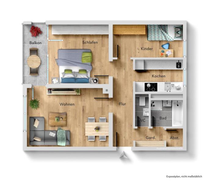 Interessante 3 Zimmer-Wohnung mit Balkon in beherrschender Aussichtslage! - Grundriss (46695)