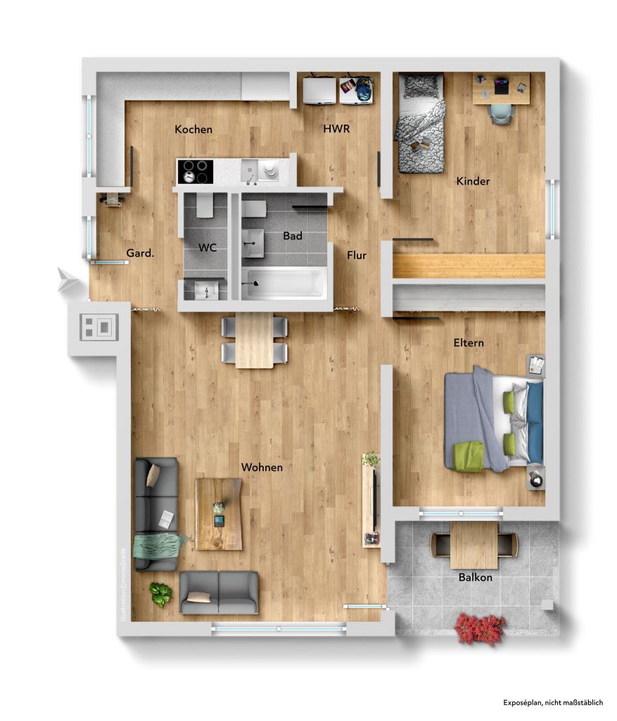 Sofort beziehbar! Attraktive 3 Zimmer-Wohnung mit Balkon & toller Aussicht! - Grundriss (39912)