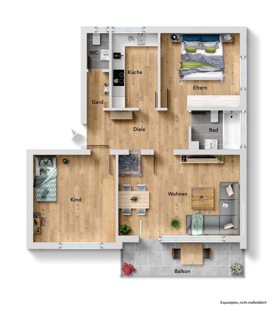 Einziehen und Wohlfühlen! 3 Zi.-Wohnung mit toller Raumaufteilung, Tageslichtbad und separatem WC! - Grundriss (42679)