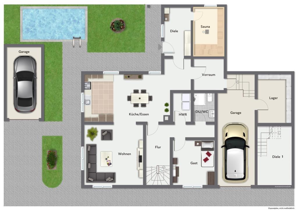 Freistehendes Zweifamilienhaus als Wohlfühloase mit Pool, Sauna & Balkon! - Erdgeschoss (38066)