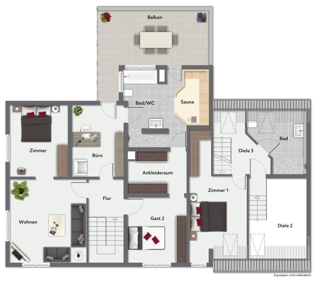 Oase zum Wohlfühlen! Zweifamilienhaus mit Swimmingpool & Sauna! - Grundriss Obergeschoss (36836)