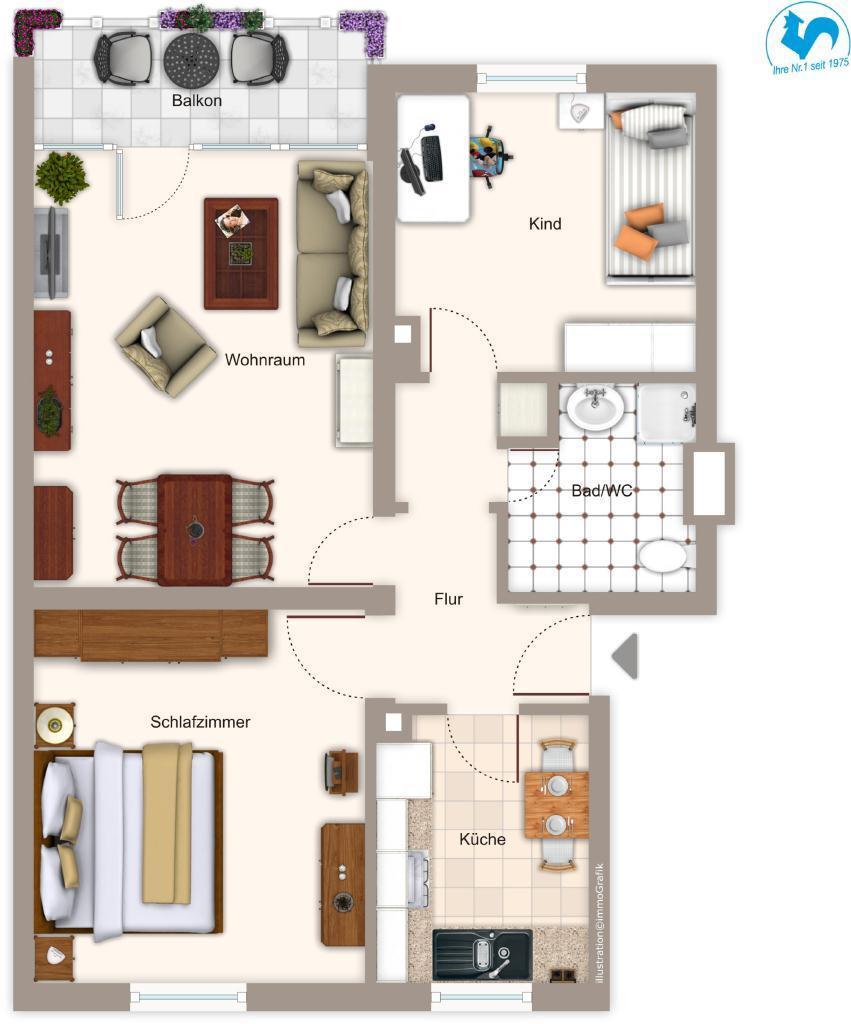 Modernisierte und helle 3 Zimmer-Wohnung mit Balkon nähe Friedenskirche! - Grundriss (34622)