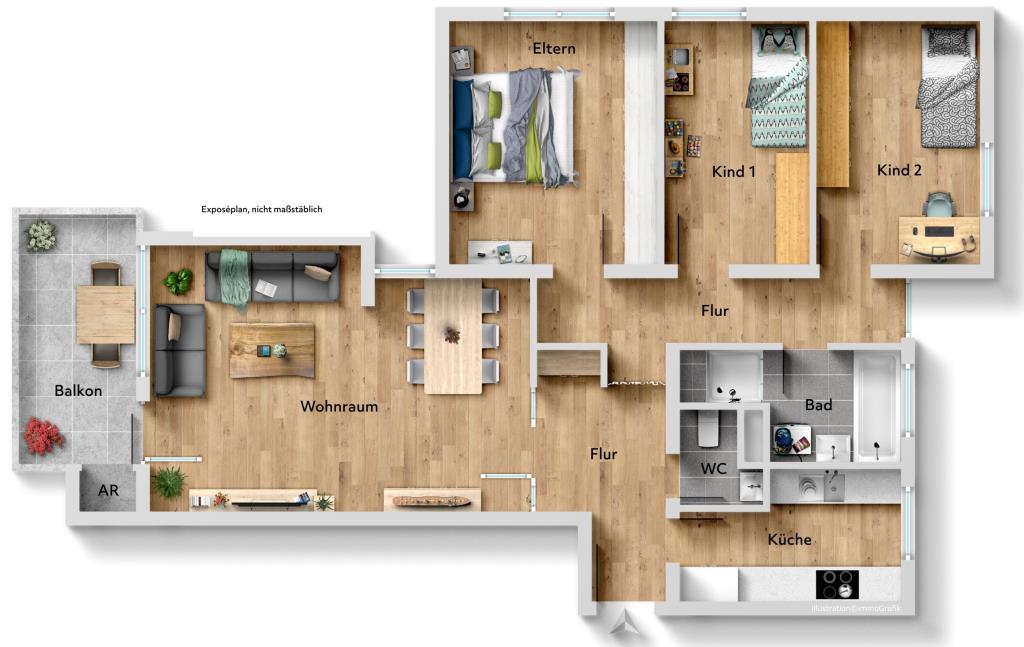 Platz für die ganze Familie! Schöne 4 Zimmer-Wohnung mit Balkon in Altbach! - Grundriss (36403)
