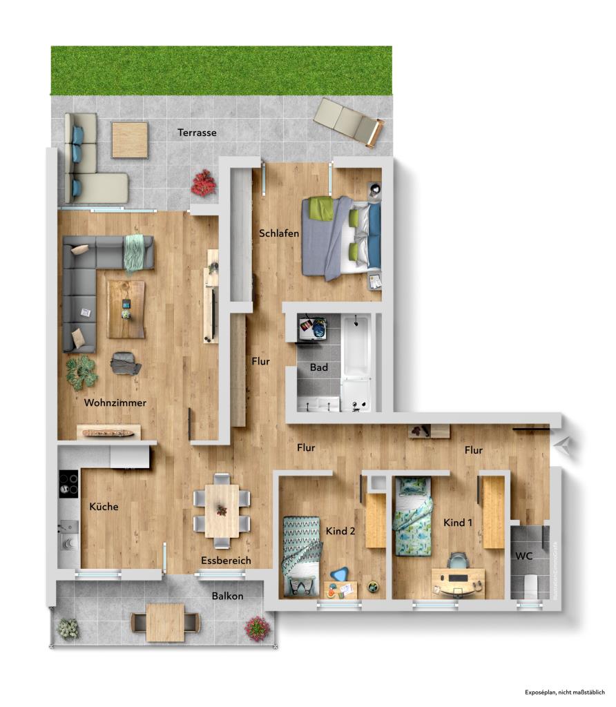 Platz für die Familie! Attraktive 4,5 Zimmer-Wohnung mit Balkon & Terrasse! - Grundriss (43547)