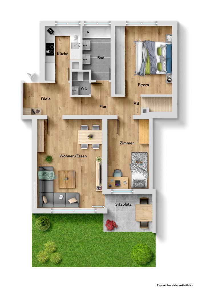 Gestalten Sie diese solide 3 Zimmer-Wohnung nach Ihren Wohnideen! - Grundriss (33234)