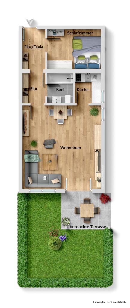 Wohntraum! Interessante 2 Zimmer-Erdgeschosswohnung mit Terrasse & Garage! - Grundriss (43874)