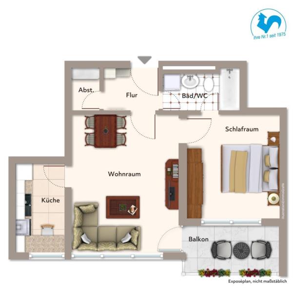 Licht, Lage, Lebensqualität – Charmante 2-Zimmer-Erdgeschosswohnung mit Sonnenbalkon! - Grundriss (45374)