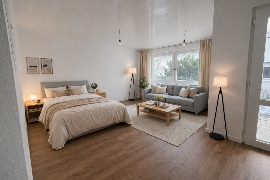 Erstbezug! Modern sanierte Wohnung mit Terrasse & Stellplatz! - Wohnzimmer (42338)