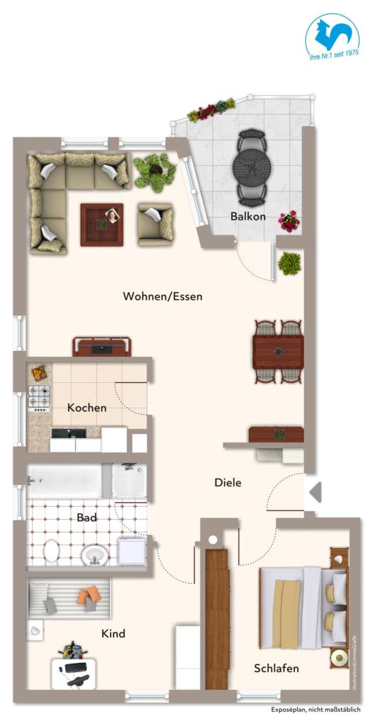 Attraktive 3-Zimmer-Wohnung mit Balkon in ruhiger Lage - Grundriss (43513)