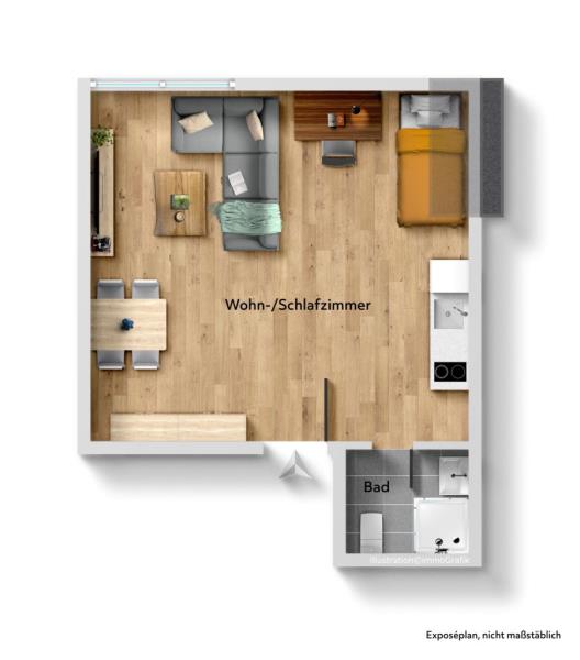 Sofort beziehbar! Attraktive 1-Zimmer-Wohnung in ruhiger Lage mit Garagenstellplatz! - Grundriss (53126)