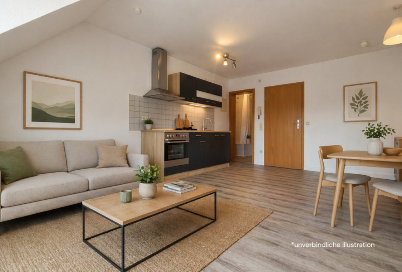 Sofort beziehbar! Attraktive 1-Zimmer-Wohnung in ruhiger Lage mit Garagenstellplatz! - Wohness/- Schlafbereich (53127)