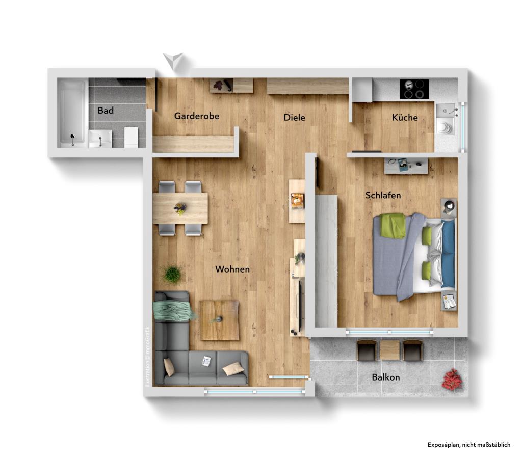 Jetzt erwerben & später beziehen! Interessante 2 Zimmer-Wohnung mit Balkon! - Grundriss (36758)