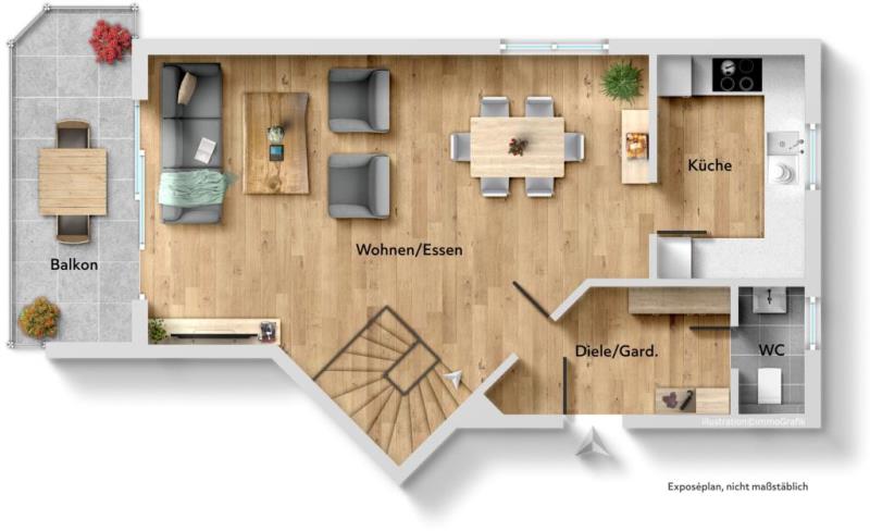Sofort beziehbar! Charmante 3,5 Zimmer-Maisonettewohnung in sonniger Wohnlage! - Grundriss Ebene 1 (48252)