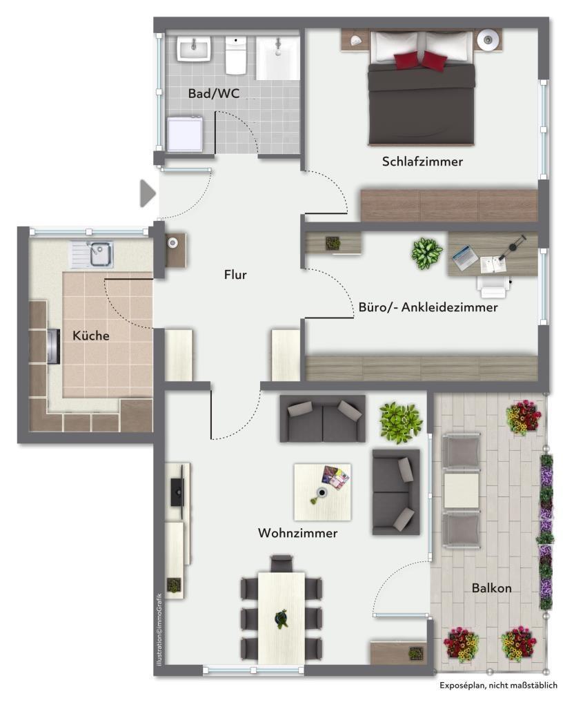 Neuwertige 3 Zimmer-Wohnung mit Süd-Balkon & Aufzug in toller Wohnlage! - Grundriss (40378)