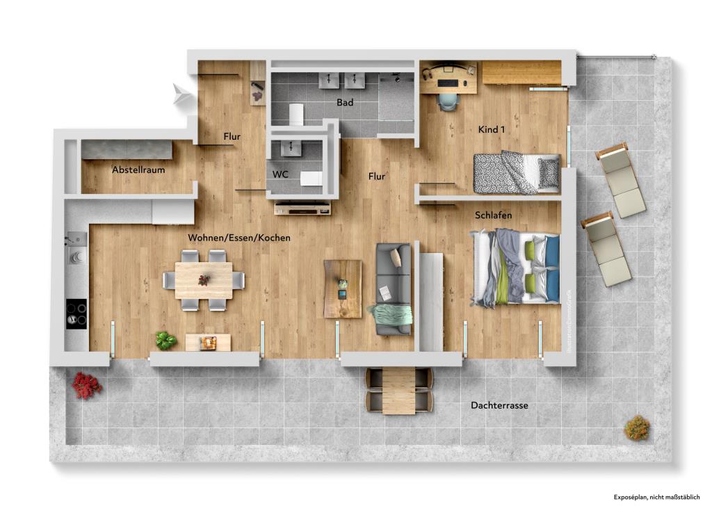 Gigantische Dachterrasse! 3 Zimmer-Neubauwohnung in Esslingen! - Grundriss (42984)