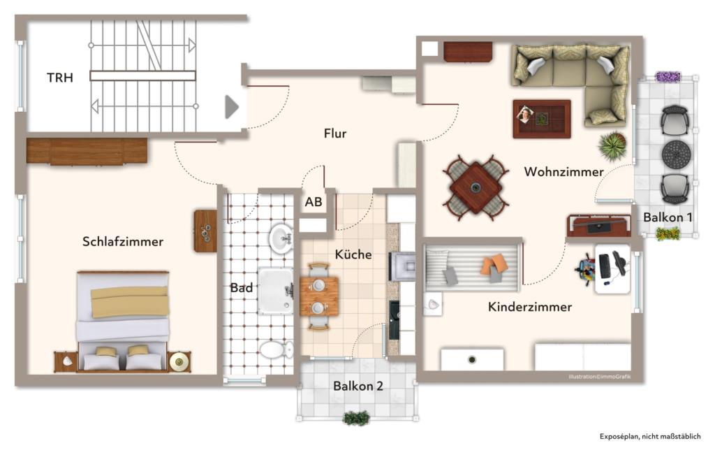 Sichern Sie sich diese gemütliche 3 Zimmer-Wohnung mit 2. Balkone! - Grundriss (42295)