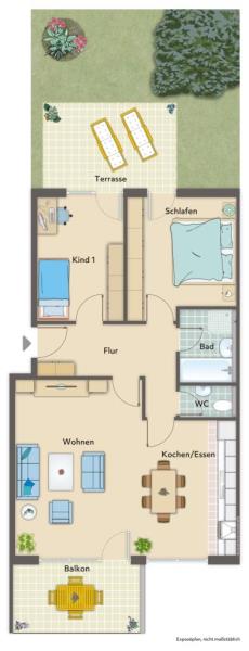Sonniges Wohnerlebnis! 3 Zimmer-Wohnung mit Garten, Terrasse und Südbalkon! - Grundriss (54101)