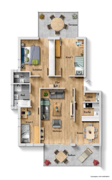 Sonniges Wohnerlebnis! 3 Zimmer-Wohnung mit Garten, Terrasse und Südbalkon! - Grundriss (53939)