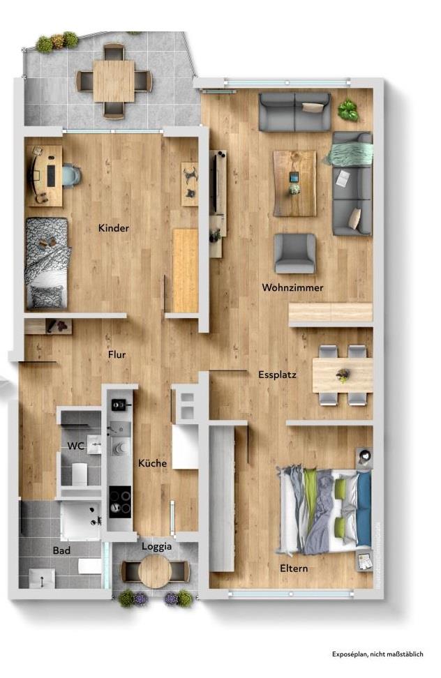 Naturansicht genießen! Solide 3 Zimmer-Wohnung mit Terrasse & Balkon! - Grundriss (35335)