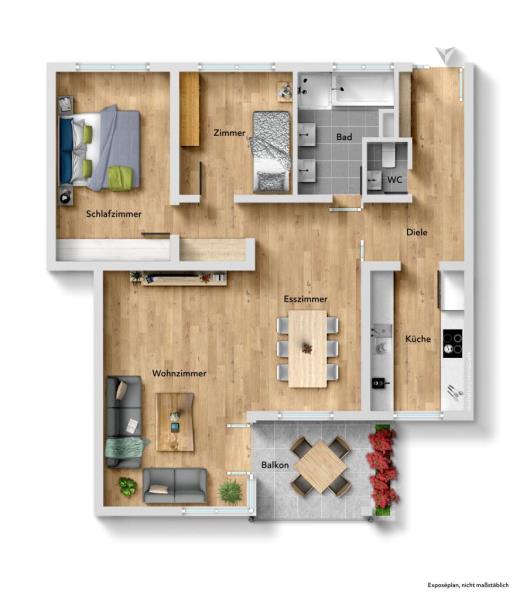 Großzügiges Wohnen! Leerstehende 3 Zimmer-Wohnung mit Balkon + TG- Stellplatz! - Grundriss (52540)