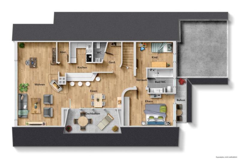 Großzügiger Wohntraum! Interessante 3,5 Zimmer-Wohnung mit 2 Balkonen, Dachterrasse und Stellplatz! - Grundriss (50714)