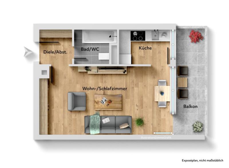 Ideal für Singles & Pendler! Sofort beziehbares tolles 1 Zimmer-Apartment! - Grundriss (51249)
