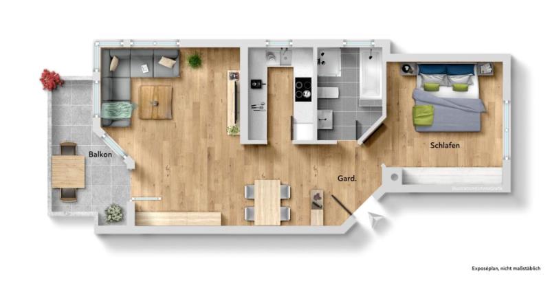 Attraktiver Wohnflair! Vermietete 2 Zimmer-Wohnung in sonniger Wohnlage! - Grundriss (52589)