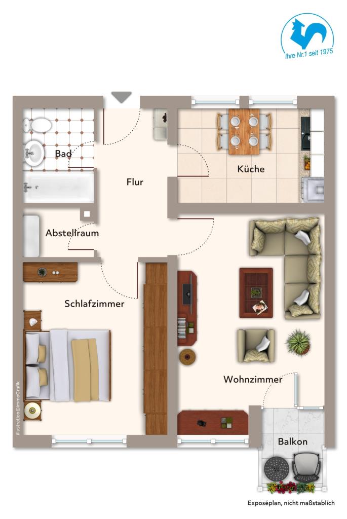 Kapitalanlage mit Weitblick – 2-Zimmer-Wohnung im 7. Obergeschoss mit Balkon - Grundriss (42532)