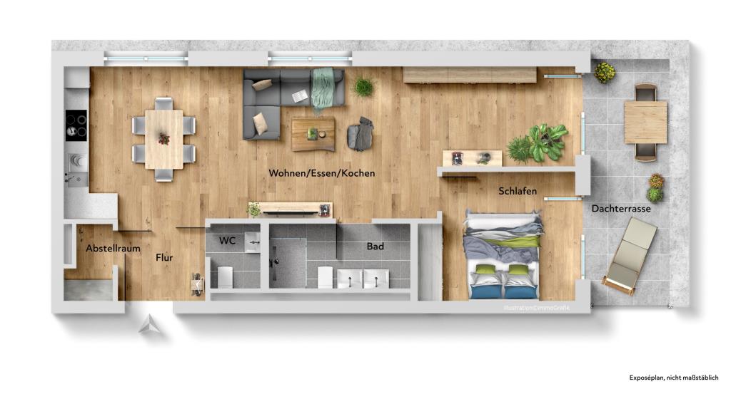 Neubau in der City! Schöne 2 Zimmer-Wohnung mit Aufzug & Dachterrasse! - Grundriss (40600)